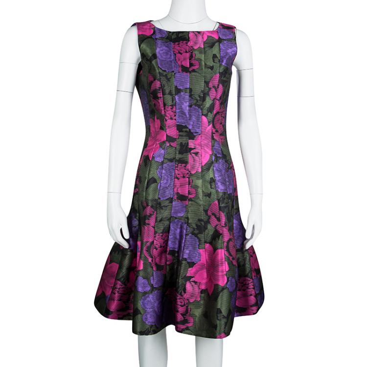 Pre Owned Oscar de la Renta Floral Printed Paneled Sleeveless Flared Dress S