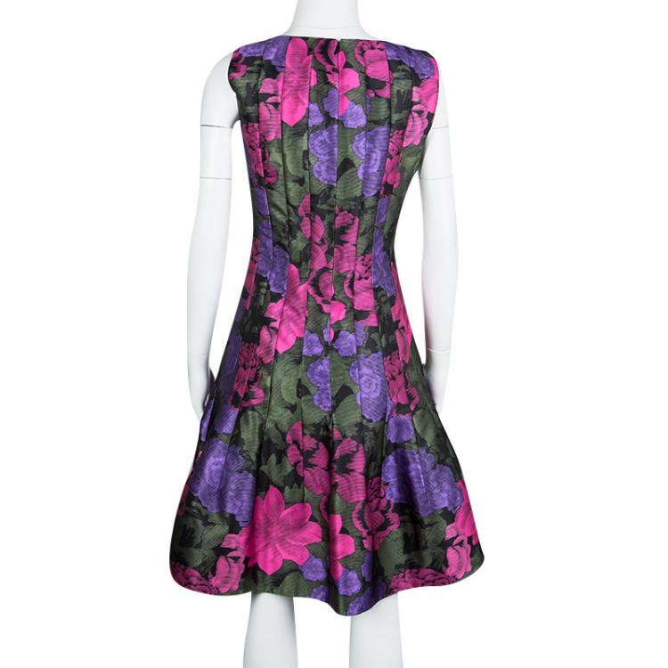 Pre Owned Oscar de la Renta Floral Printed Paneled Sleeveless Flared Dress S