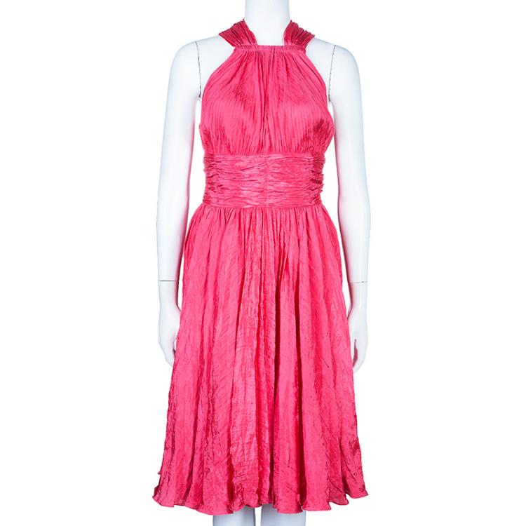 Pre Owned Oscar de la Renta Azalea Pink Crushed Silk Dress L
