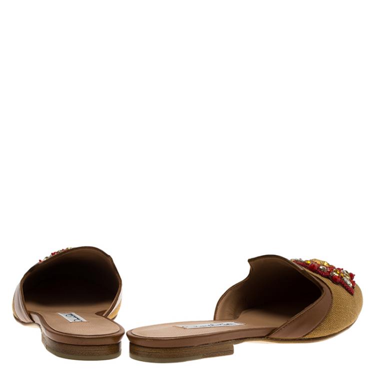 Pre Owned Oscar De La Renta Brown Embellished Canvas and Leather Flat Spanish Mules Size 36