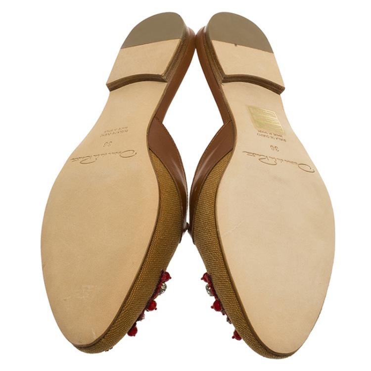 Pre Owned Oscar De La Renta Brown Embellished Canvas and Leather Flat Spanish Mules Size 36