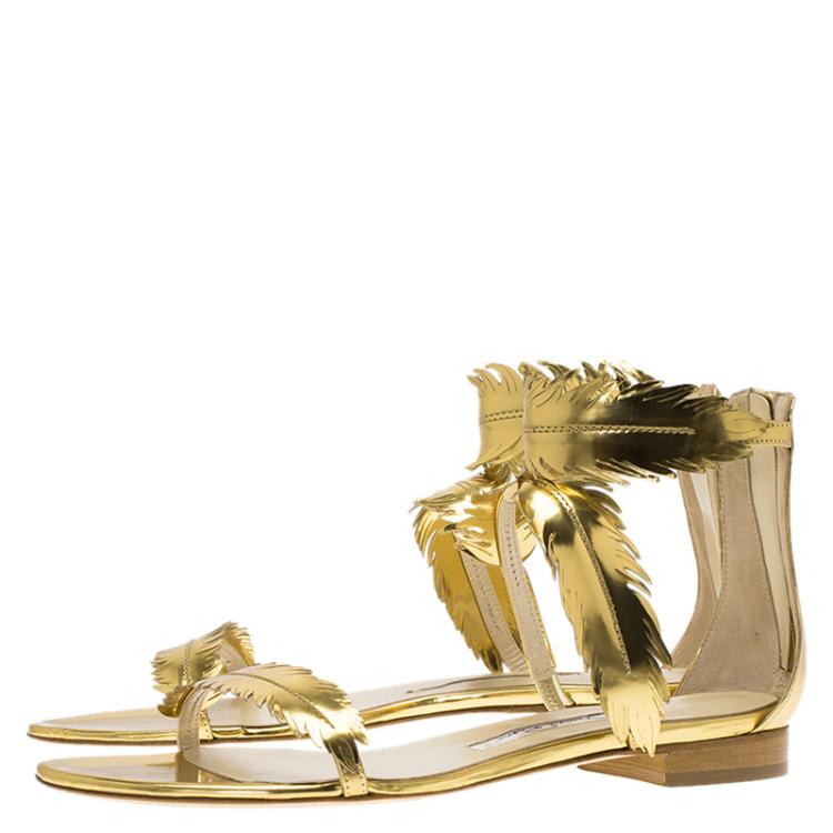 Pre Owned Oscar De La Renta Gold Metallic Leather Abigail Feather Sandals Size 39.5