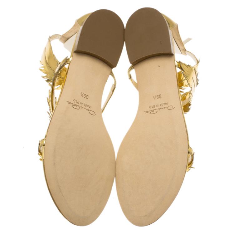 Pre Owned Oscar De La Renta Gold Metallic Leather Abigail Feather Sandals Size 39.5