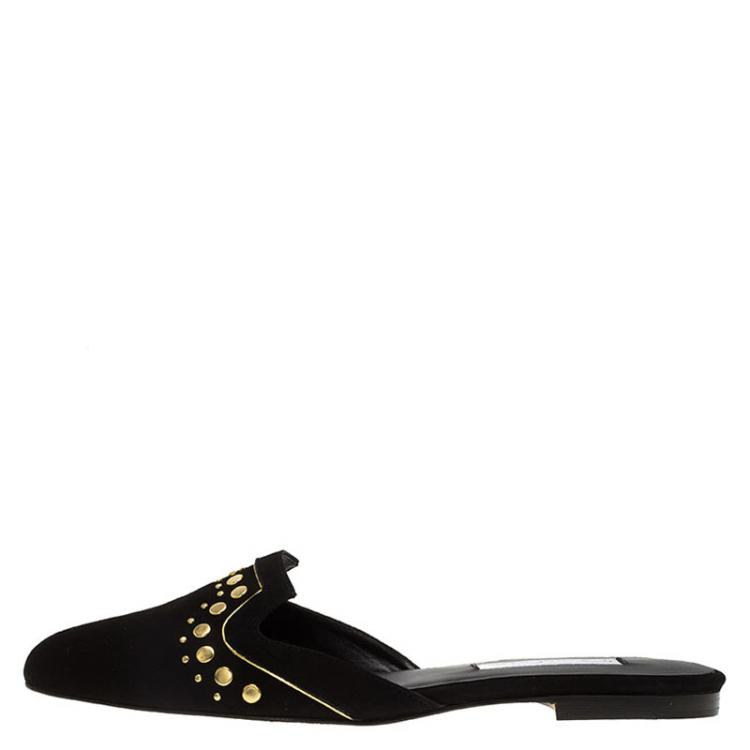 Pre Owned Oscar De La Renta Black Studded Suede Calista Flat Mules Size 38