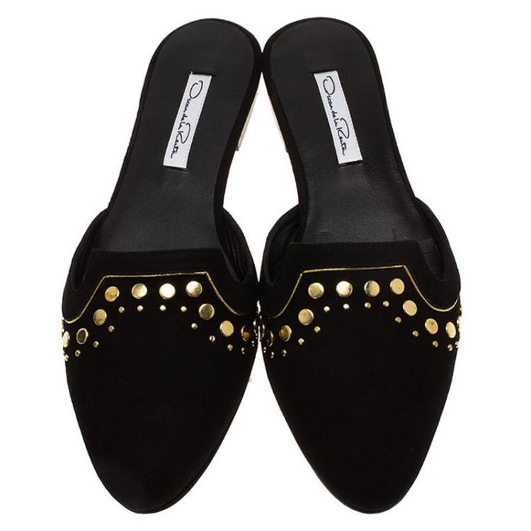 Pre Owned Oscar De La Renta Black Studded Suede Calista Flat Mules Size 38
