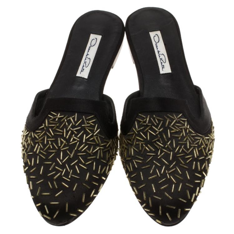 Pre Owned Oscar De La Renta Black Embellished Satin Calista Flat Mules Size 36.5