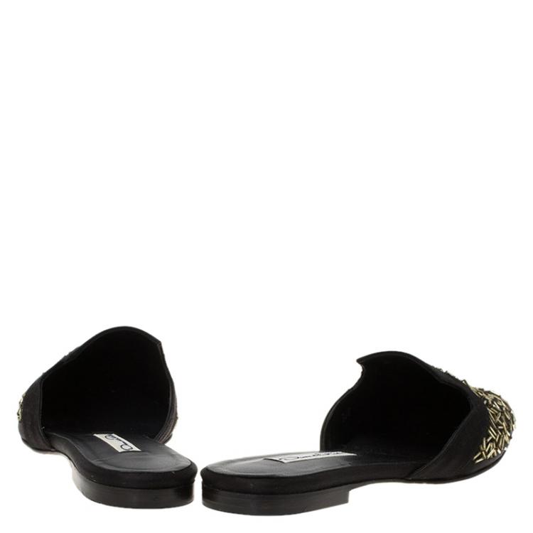 Pre Owned Oscar De La Renta Black Embellished Satin Calista Flat Mules Size 36.5