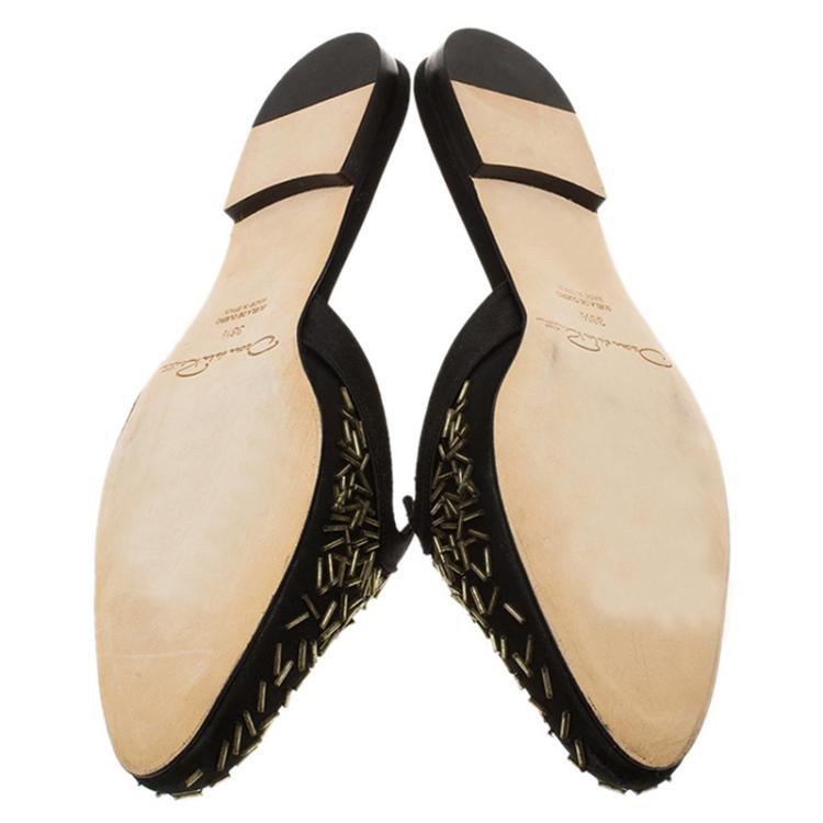 Pre Owned Oscar De La Renta Black Embellished Satin Calista Flat Mules Size 36.5