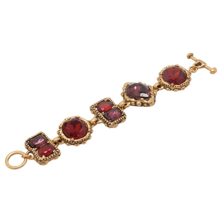 Pre Owned Oscar de la Renta Red Crystal Gold-Plated Bracelet