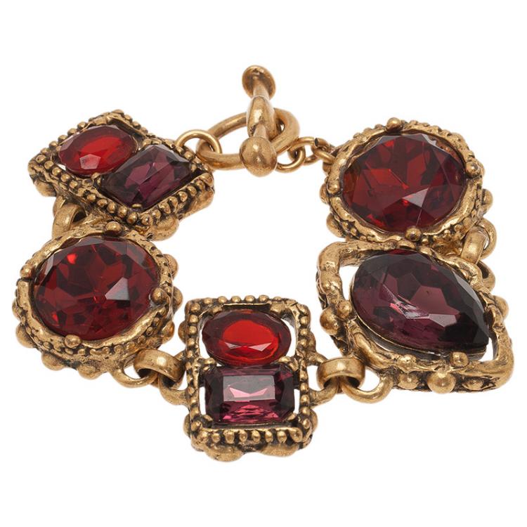 Pre Owned Oscar de la Renta Red Crystal Gold-Plated Bracelet