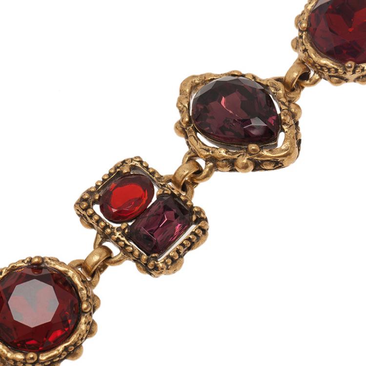 Pre Owned Oscar de la Renta Red Crystal Gold-Plated Bracelet
