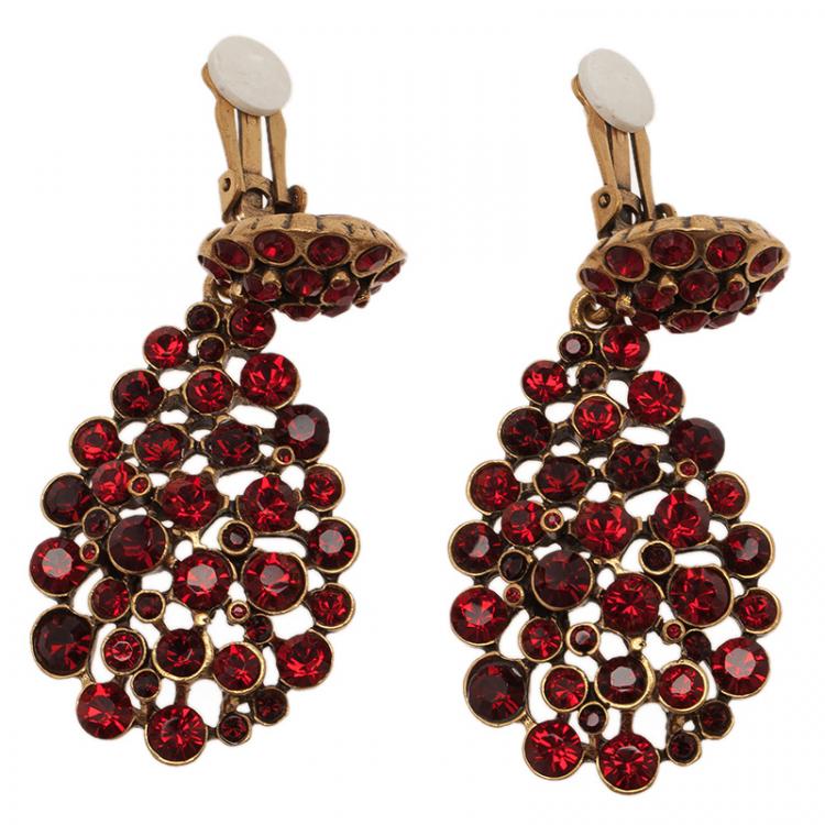 Pre Owned Oscar de la Renta Red Crystal Tear Drop Clip Earrings