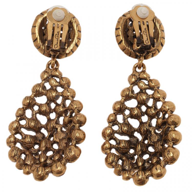 Pre Owned Oscar de la Renta Red Crystal Tear Drop Clip Earrings