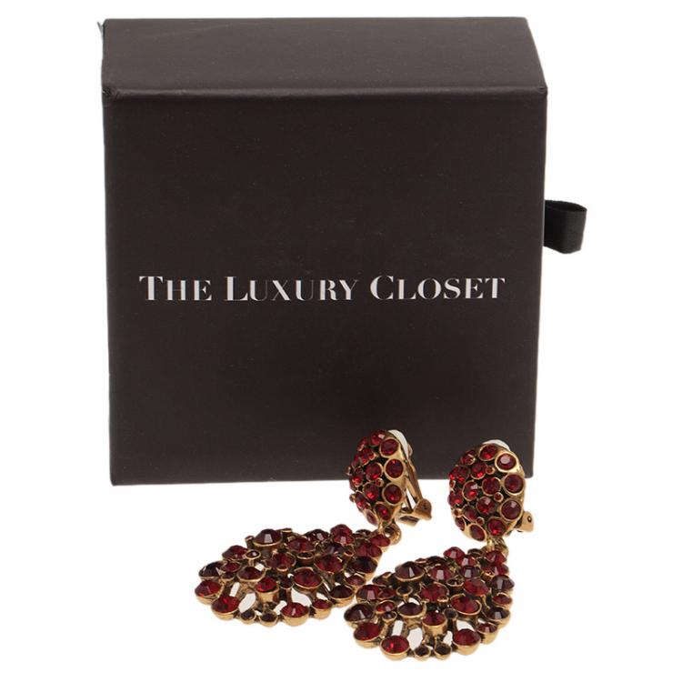 Pre Owned Oscar de la Renta Red Crystal Tear Drop Clip Earrings