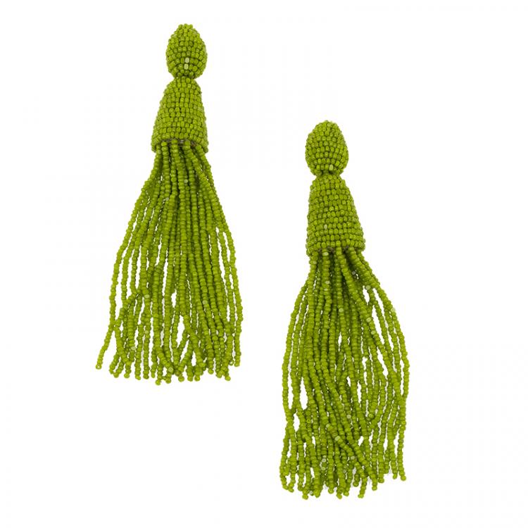 Pre Owned Oscar de la Renta Green Beaded Tassle Earrings