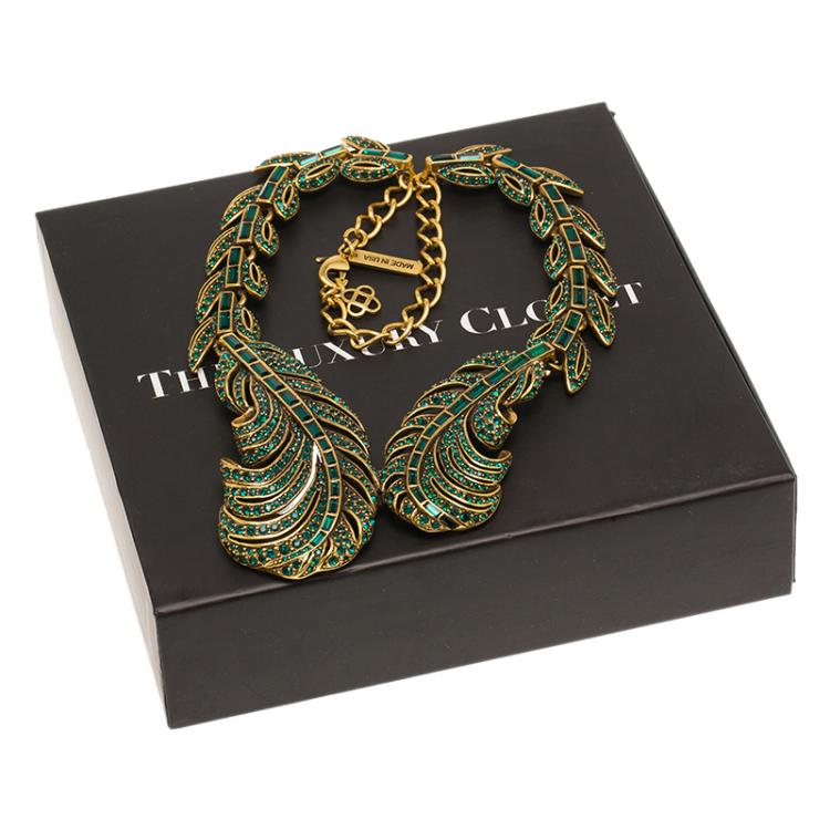 Pre Owned Oscar De La Renta Green Crystal Feather Necklace