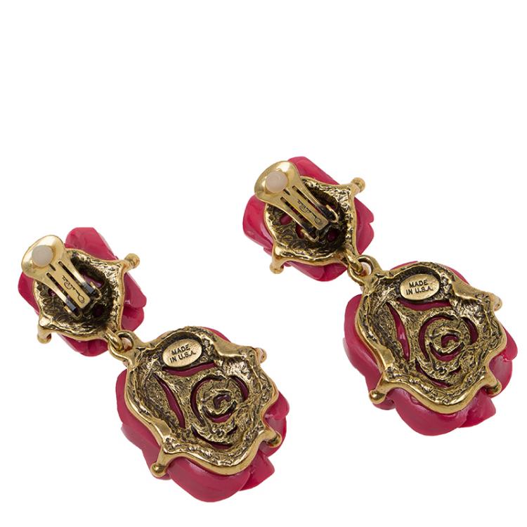 مملوكة مسبقًا Oscar de la Renta Double Rose Red Amaranth Clip-On Earrings