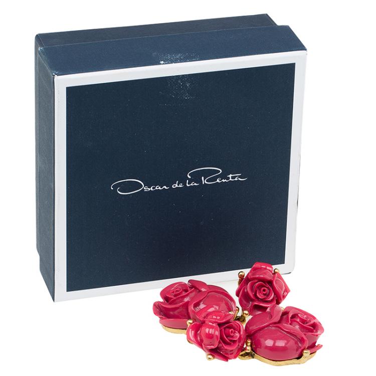 مملوكة مسبقًا Oscar de la Renta Double Rose Red Amaranth Clip-On Earrings
