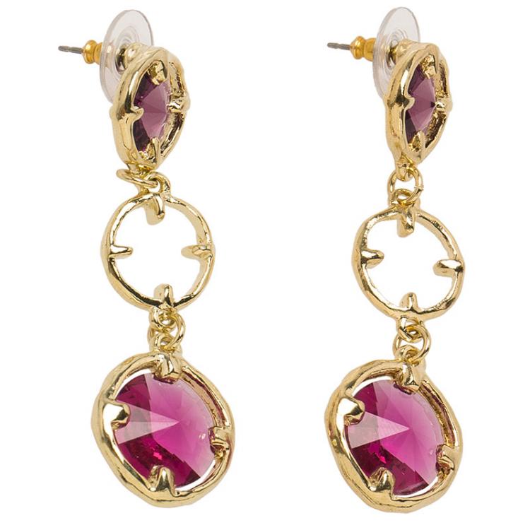 Pre Owned Oscar de la Renta Magenta Crystals Gold Tone Long Earrings