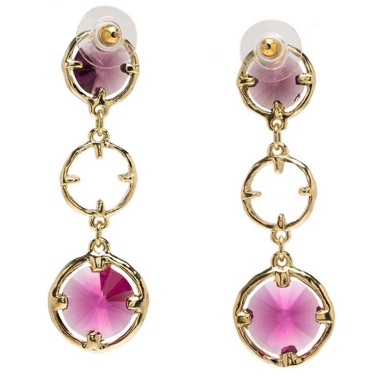 Pre Owned Oscar de la Renta Magenta Crystals Gold Tone Long Earrings