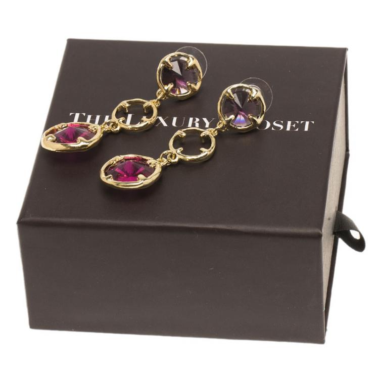 Pre Owned Oscar de la Renta Magenta Crystals Gold Tone Long Earrings