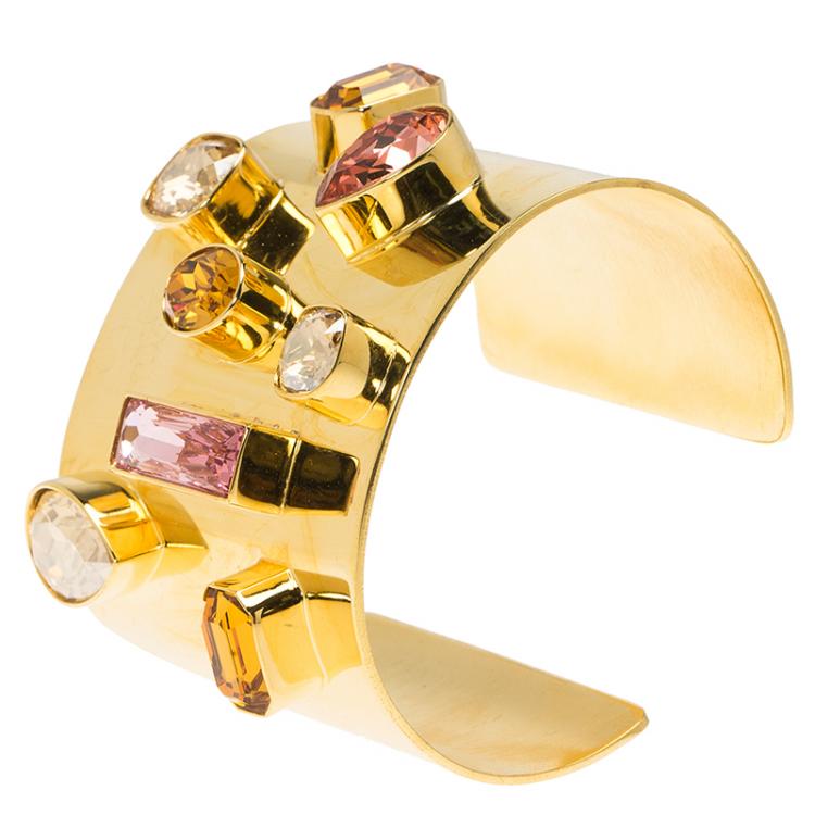 Pre Owned Oscar de la Renta Crystal & Gold Tone Open-Cuff Bracelet