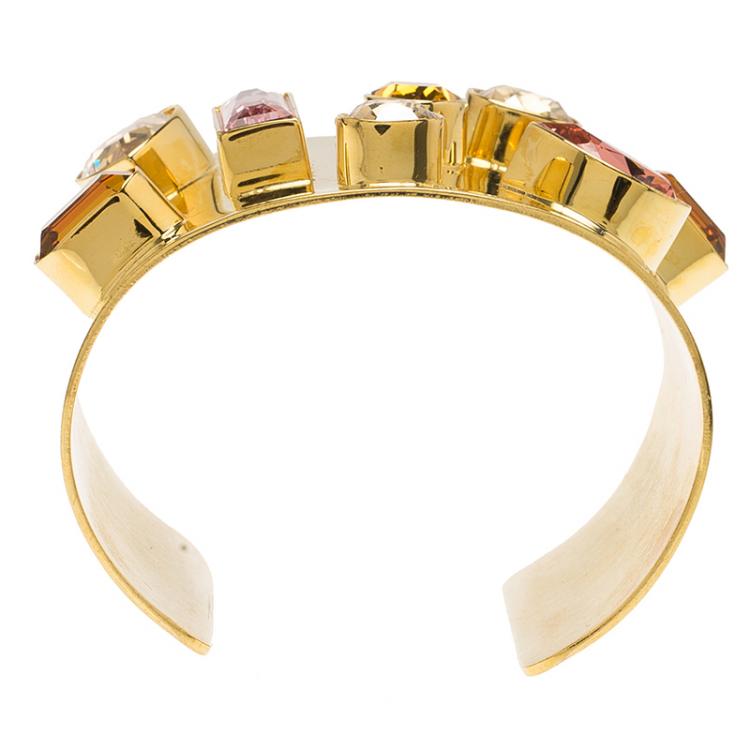 Pre Owned Oscar de la Renta Crystal & Gold Tone Open-Cuff Bracelet