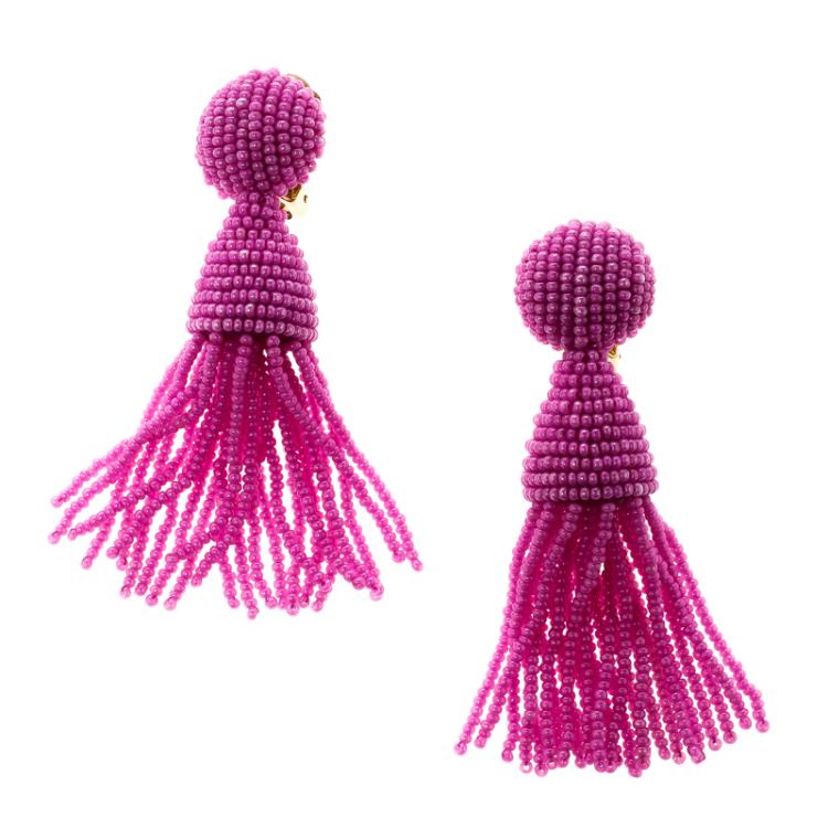 Pre Owned Oscar de la Renta Pink Beaded Long Tassel Clip-on Earrings
