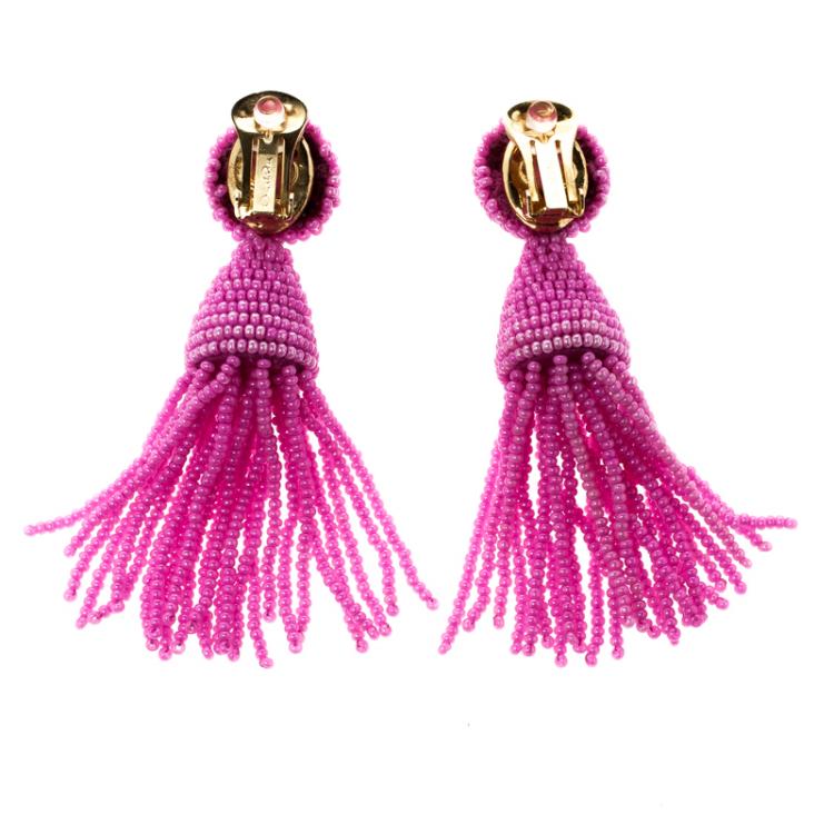 Pre Owned Oscar de la Renta Pink Beaded Long Tassel Clip-on Earrings