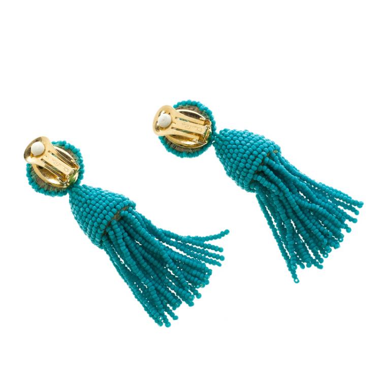 Pre Owned Oscar De La Renta Blue Beaded Tassel Earrings