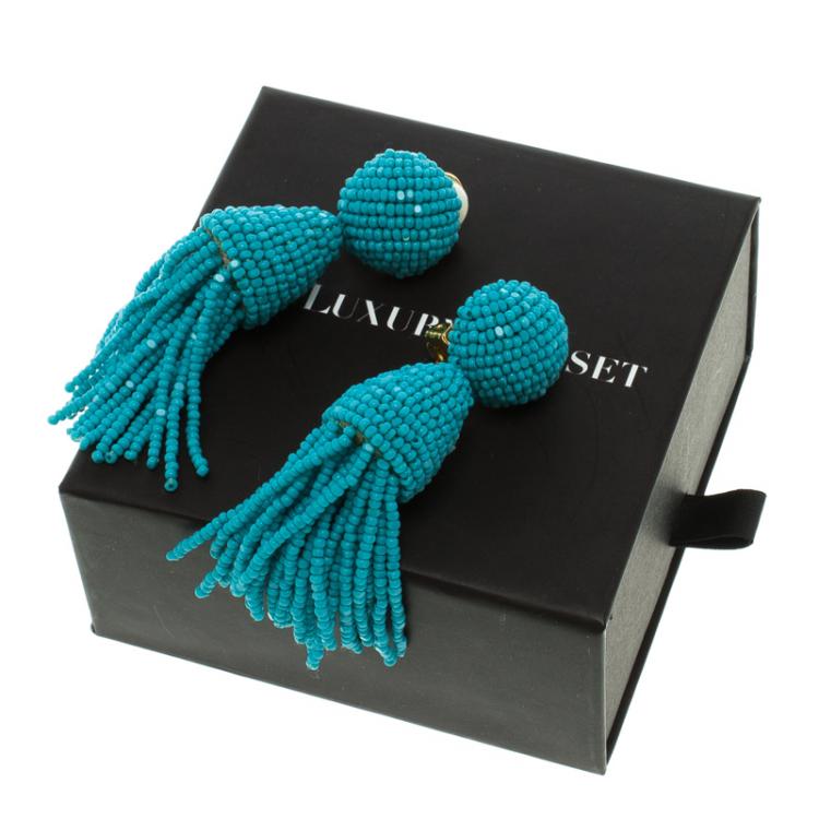 Pre Owned Oscar De La Renta Blue Beaded Tassel Earrings