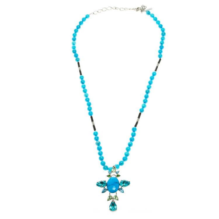 Pre Owned Oscar De La Renta Blue Bead and Crystal Long Necklace