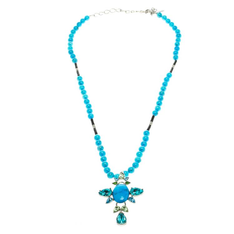 Pre Owned Oscar De La Renta Blue Bead and Crystal Long Necklace