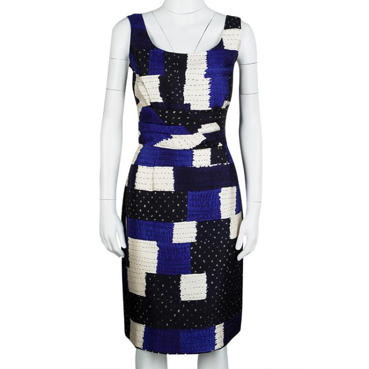 Pre Owned Oscar De La Renta Blue Patch Print Sleeveless Dress L