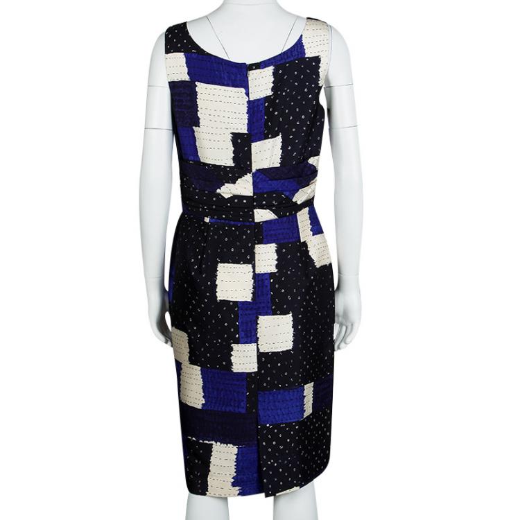 Pre Owned Oscar De La Renta Blue Patch Print Sleeveless Dress L