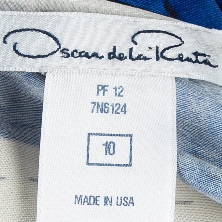 Pre Owned Oscar De La Renta Blue Patch Print Sleeveless Dress L