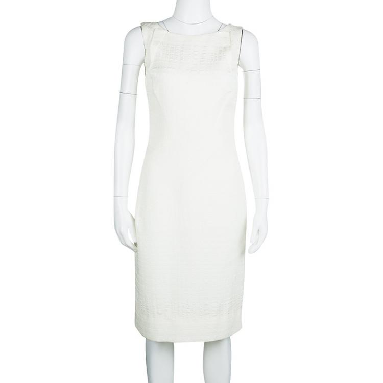 Pre Owned Oscar de la Renta Cream Textured Sleeveless Dress S