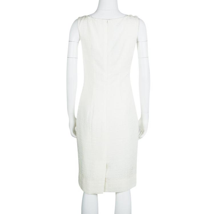 Pre Owned Oscar de la Renta Cream Textured Sleeveless Dress S