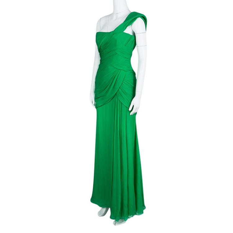 Pre Owned Oscar de la Renta Green Silk Chiffon One Shoulder Ruched Gown XS