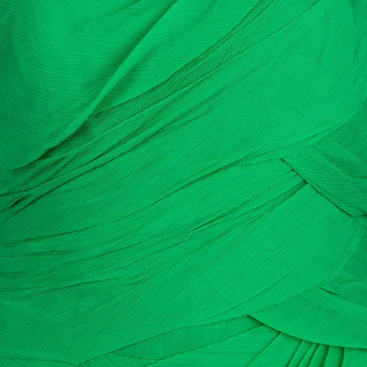 Pre Owned Oscar de la Renta Green Silk Chiffon One Shoulder Ruched Gown XS