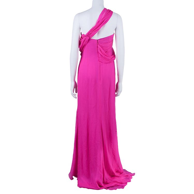 Pre Owned Oscar De La Renta Hot Pink Chiffon Belted Gown L