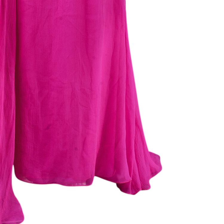 Pre Owned Oscar De La Renta Hot Pink Chiffon Belted Gown L
