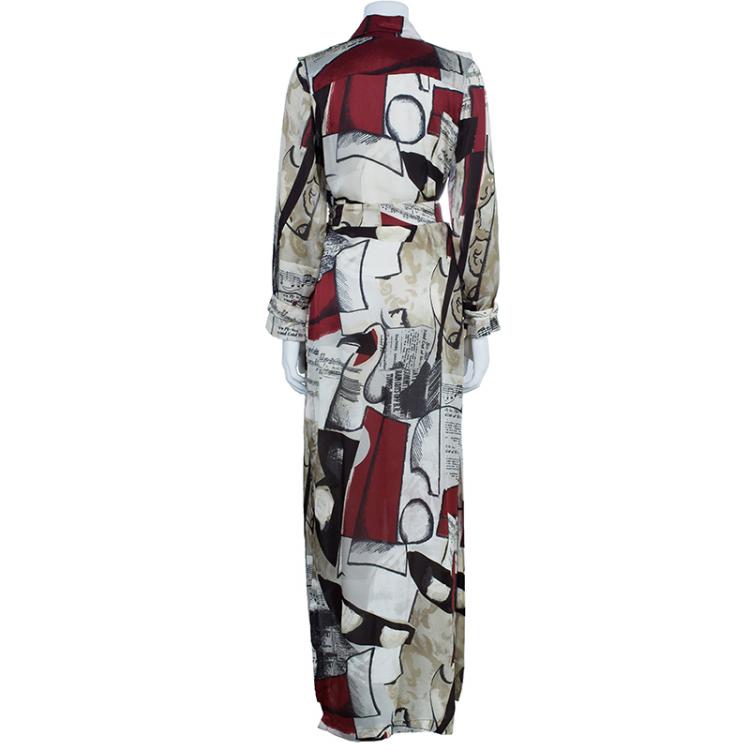 Pre Owned Oscar de la Renta Printed Silk Shirt Maxi Dress M