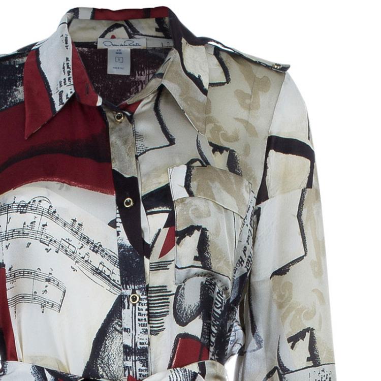 Pre Owned Oscar de la Renta Printed Silk Shirt Maxi Dress M