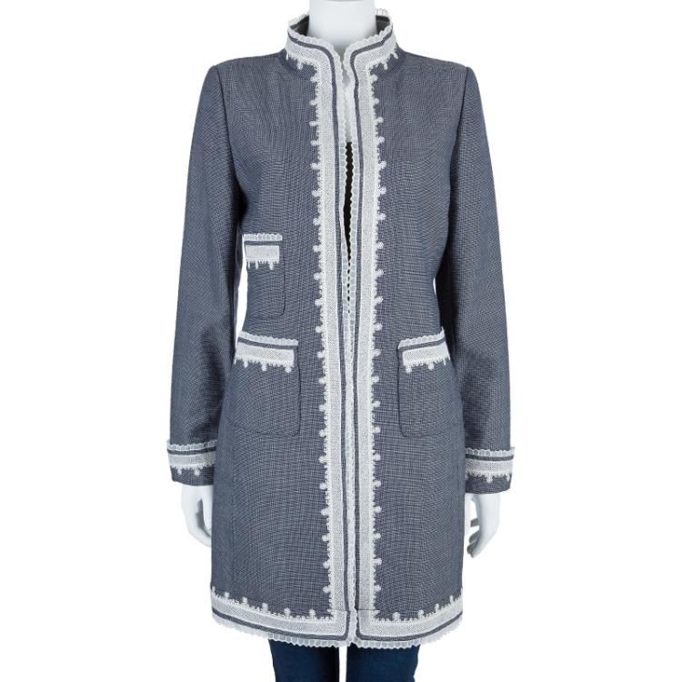 Pre Owned Oscar de la Renta Gray Embroidered Trimming Coat M