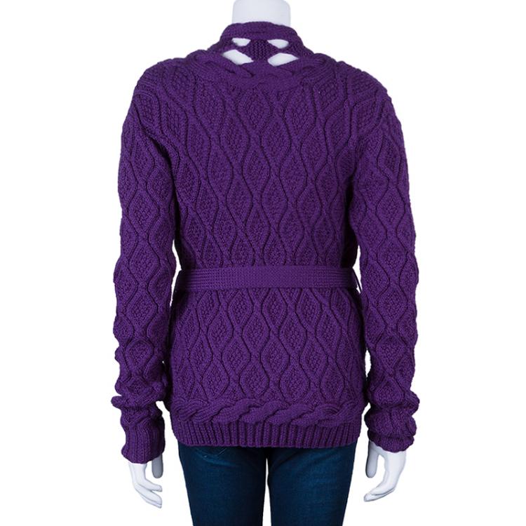Pre Owned Oscar De La Renta Purple Cable Knit Wool Cardigan L
