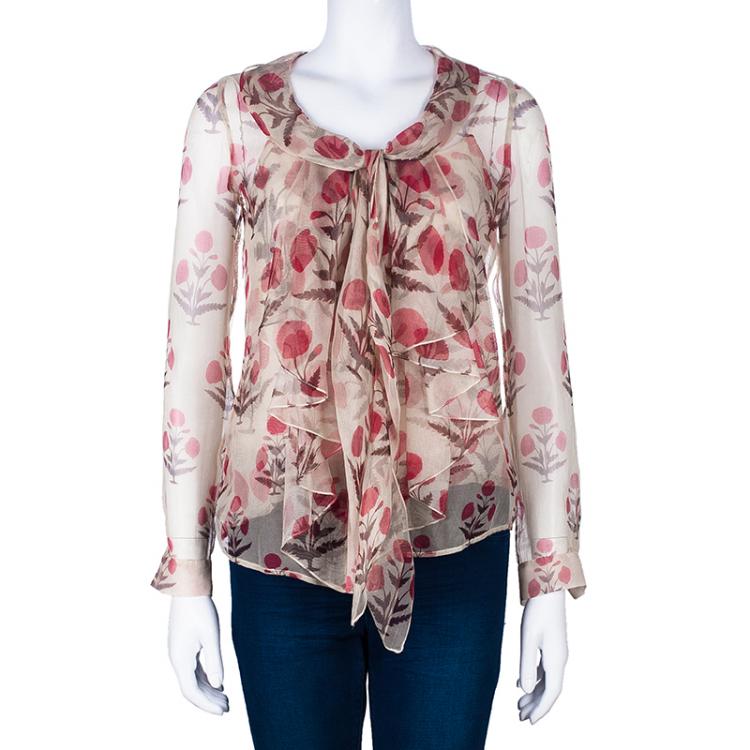 Pre Owned Oscar de la Renta Floral Chiffon Top S