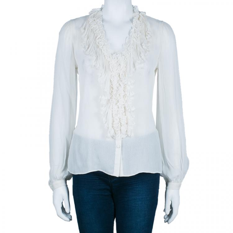 Pre Owned Oscar de la Renta White Crinkle Chiffon Top S