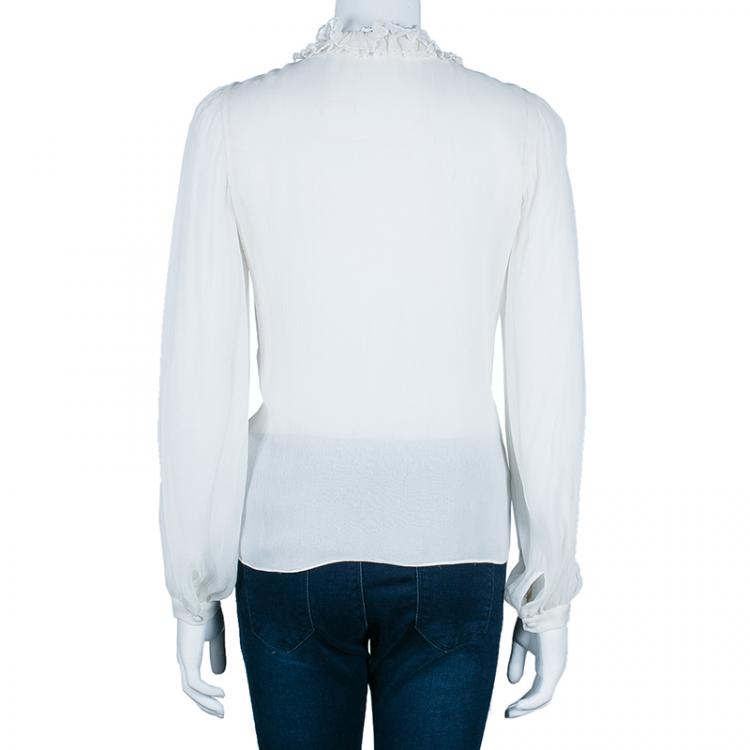 Pre Owned Oscar de la Renta White Crinkle Chiffon Top S