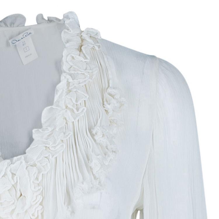 Pre Owned Oscar de la Renta White Crinkle Chiffon Top S